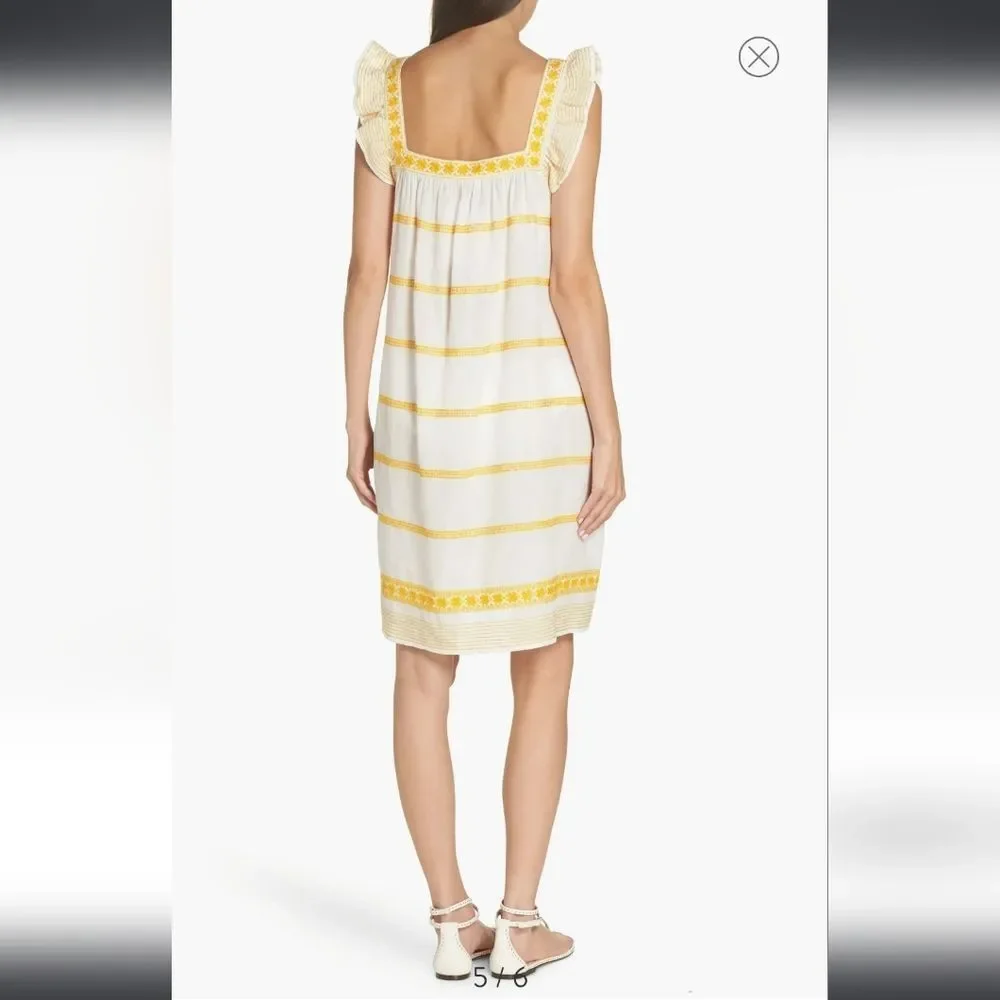 TORY BURCH Ruffle-Trimmed Embroidered Linen and Cotton-Blend Mini Dress Size‎ S
